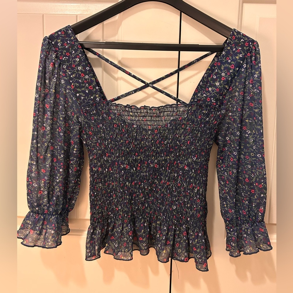 Topshop Floral Smocked Blue Top